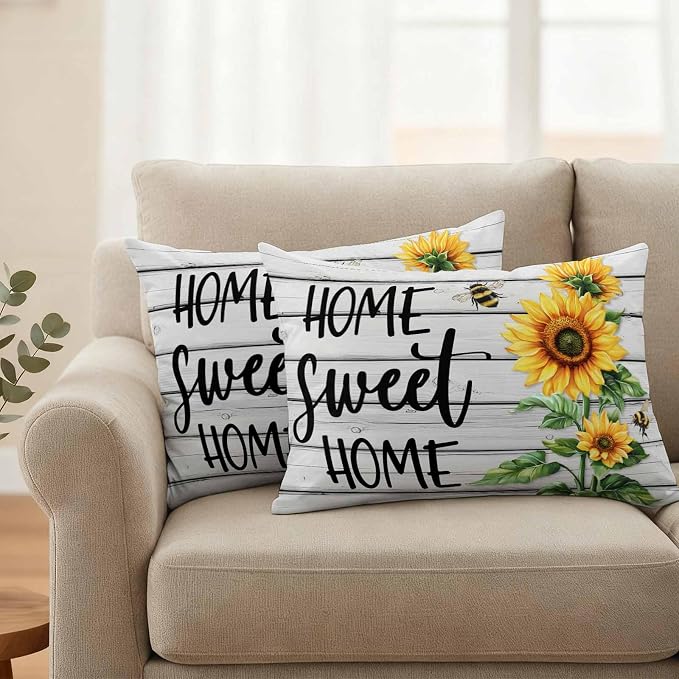 Lumbar Pillow Covers 20x12 Inch Set of 2, Yellow Sunflower Waterproof Outdoor Pillow Covers, Bee Wooden Grain Country Farmhouse Decorative Cushion Pillowcases for Couch, Sofa, Bed, Garden, Patio