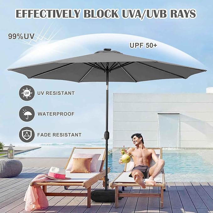 Sundale Outdoor Solar 80 LED 9 ft Patio Umbrella with Sand Bag Umbrella Base, Outdoor Umbrella with Tilt and Crank, Dark Grey
