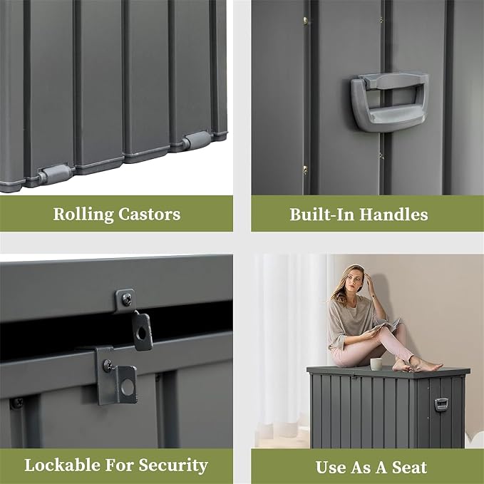 200 Gallon Galvanized Steel Deck Box, Outdoor Storage Box Waterproof with Wheels, Lockable Storage Container for Patio Furniture Cushions Garden Tools, Dark Gray