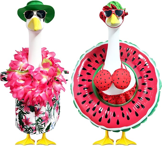 2 Set Hawaiian Porch Goose Outfits,23''Porch Goose Summer Outfits,Bikini Lawn Goose Costume,Yard Goose Clothes Skirt Hat Glasses Floral Wreath Swimming Ring for Outdoor Garden Yard Decor