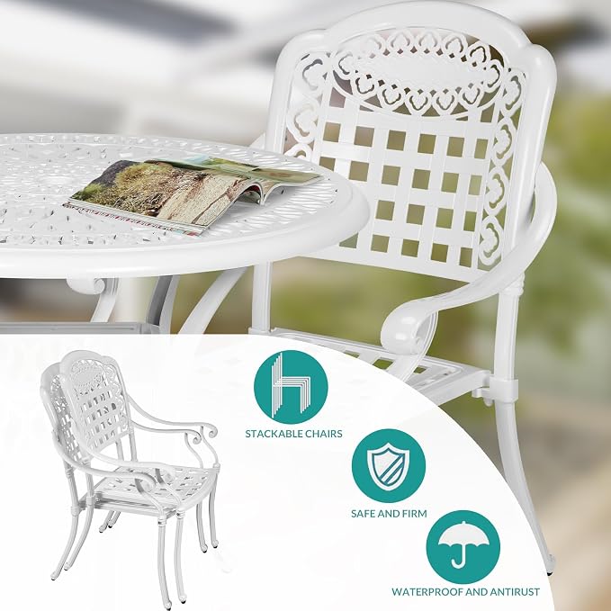 MEETWARM 3 Piece Patio Bistro Set, Outdoor All-Weather Cast Aluminum Dining Furniture Set Includes 2 Chairs and a 35.4” Round Table with Umbrella Hole for Garden Deck, White