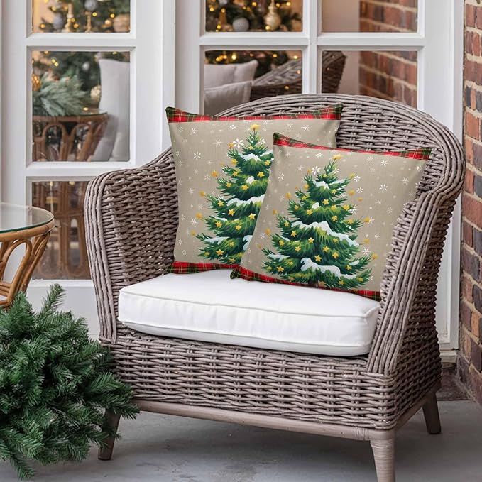Outdoor Waterproof Throw Pillow Covers, Christmas Trees Winter Snowflake Green Red Tartan Plaid Vintage Burlap Pattern Pillowcases Cushion Covers Cases for Patio Couch Bench, Pack of 2, 20X12 Inch