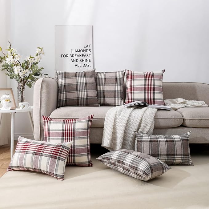 CARRIE HOME Red Christmas Tartan Plaid Pillow Covers 18x18 Set of 2 Farmhouse Buffalo Plaid Red Striped Throw Pillow Cover for Living Room Couch Sofa