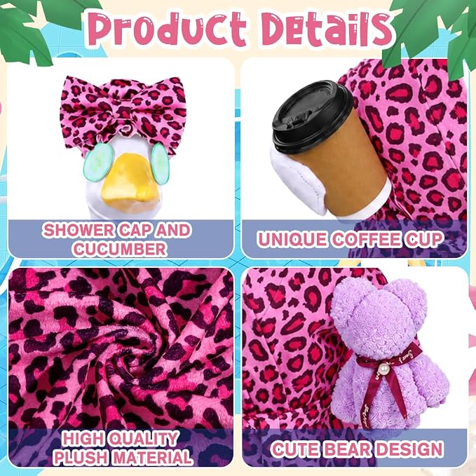 Celltestria Lady Goose Outfits for 23" Geese Bathrobe Rose Pink Leopard Porch Goose Costume Coffee Cup Bear Cucumber Eye Mask Goose Clothes for Outdoor Patio Yard Lawn Garden Decoration