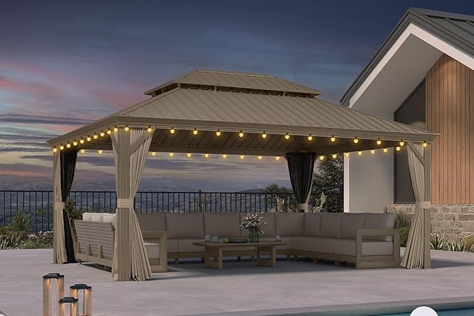 PURPLE LEAF Outdoor Gazebo 13'X17'，Champagne Hardtop Gazebo with Galvanized Steel Double Roof, Permanent Patio Gazebo with Curtains and Netting for Patio Lawn Garden and Deck