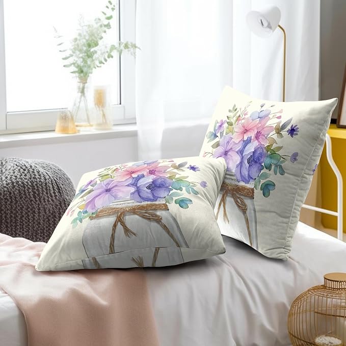 Summer Floral Throw Pillow Covers 18x18 Inch Set of 2 Purple Pink Wildflower Summer Flower Leaf Decorative Cushion Cases for Sofa Couch Bed Home Outdoor Decorations