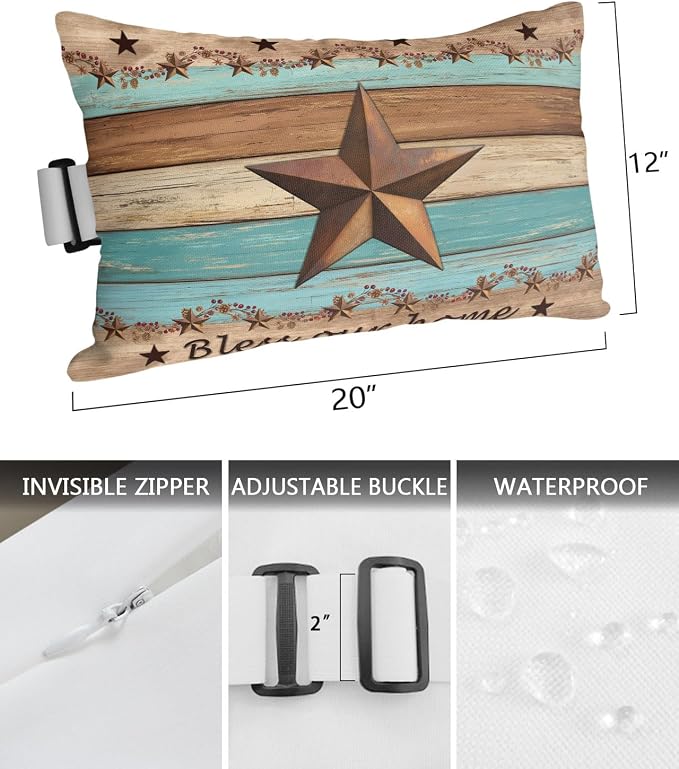 Western Texas Star Vintage Outdoor Pillows for Chaise Lounge Chair Lumbar Pillows with Insert&Adjustable Strap Beach Headrest Pillow Retro Farmhouse Turquoise Brown Wood Neck Pillow for Pool 12"x20"