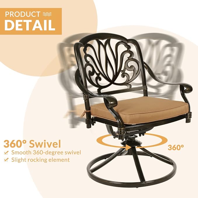 7-Piece Outdoor Patio Dining Set, 60” Rectangular Cast Aluminum Dining Table with Umbrella Hole and 6 Cushioned Swivel Rocker Chairs, Patio Funiture Set for Backyard, Patio, Garden