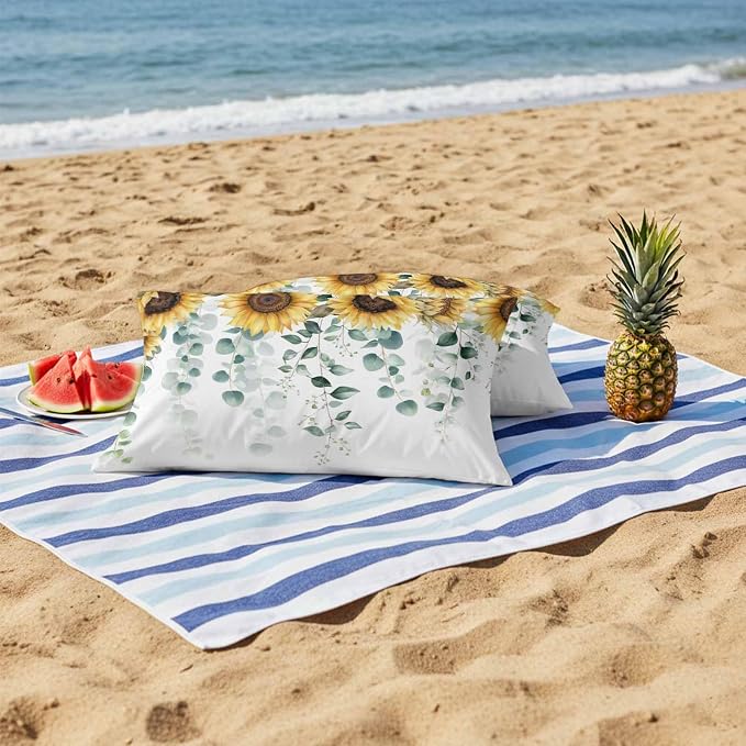 Vandarllin Outdoor Throw Pillows Covers 20x12 inch Set of 2 Waterproof Green Eucalyptus Leaves Decorative Zippered Cushion Covers for Patio Furniture, Watercolor Sunflower Lumbar Pillowcases