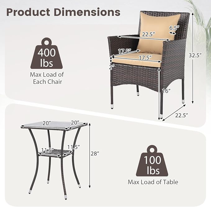 DORTALA Wicker Patio Furniture Set 3 Piece, Small Outdoor Table & Chairs with Tempered Glass Tabletop, Cushions, Rattan Conversation Bistro Set for Balcony, Porch, Backyard, Deck, Mix Brown+Beige