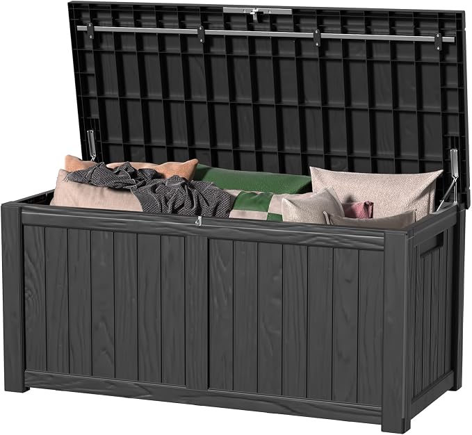 ROJIK 150 Gallon Waterproof Outdoor Deck Storage Box, Lockable Resin Patio Storage Bin with Lid for Garden Tools, Patio Cushions & Outdoor Accessories(Black)