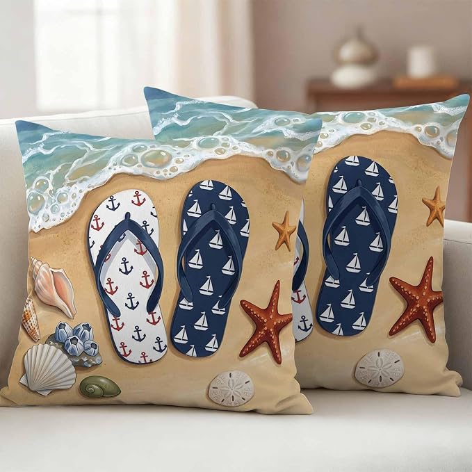 Blue Beige Seaside Outdoor Waterproof Throw Pillow Covers 20x20 Set of 2, Coastal Waves Starfish Summer Beach Nautical Decorative Pillowcases Cushion Pillowcase for Couch Sofa Patio Pillow Protector