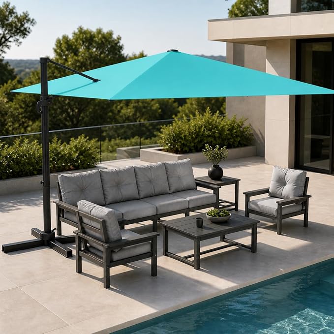 Kingdura 9' X 9' Cantilever Patio Umbrella with Base Included, Large Square Outdoor Offset Umbrella with 360-degree Rotation, 4 Position Tilt, UV Protection for Pool Deck Garden Patio (Peacock blue)