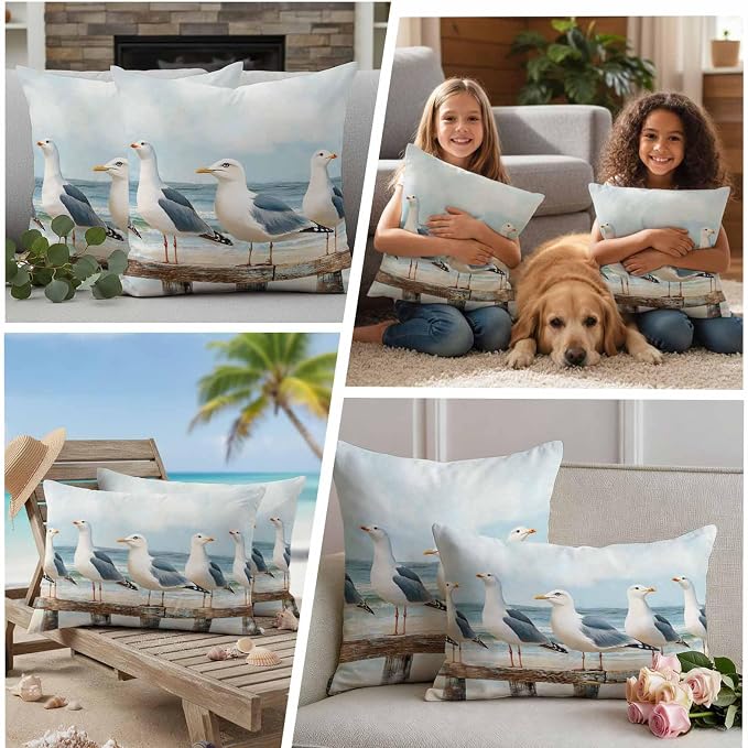 Coastal Seagull Waterproof Outdoor Pillow Covers Set of 2 Home Decor, Summer Beach Ocean Bird Watercolor Pillowcase Patio Pillow Covers for Couch Bench Furniture Garden 18x18in