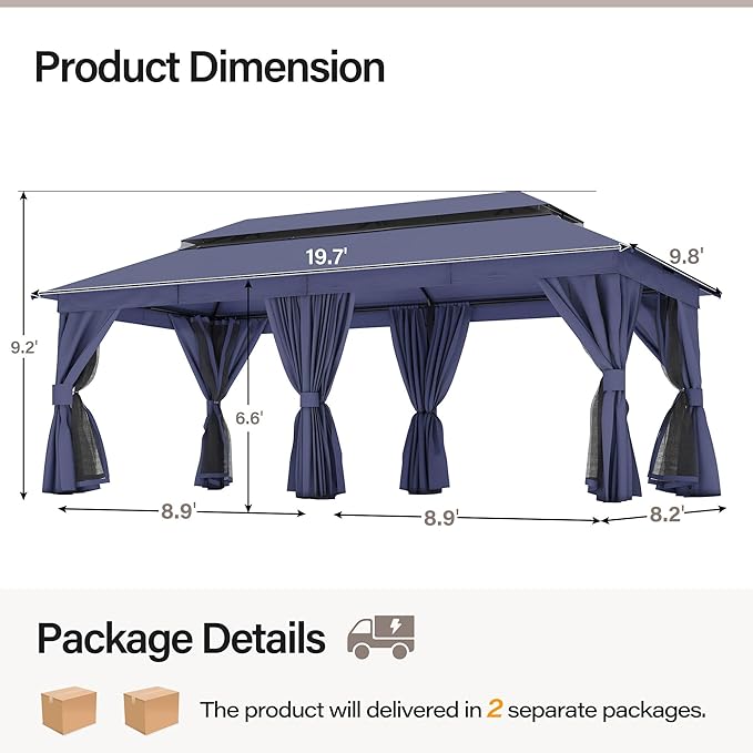 LAUSAINT HOME Patio Gazebo 10'x20', Outdoor Heavy Duty Party Tent Shelter with Double Roofs, Mosquito Nettings and Privacy Screens for Backyard, Garden, Lawn, Navy Blue