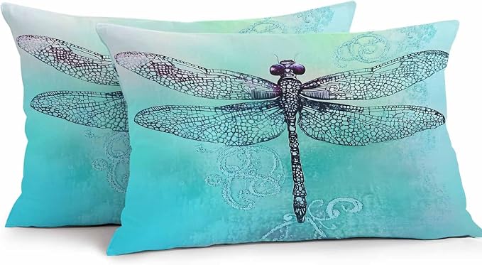 Vandarllin Outdoor Throw Pillows Covers 20x12 inch Set of 2 Waterproof Watercolors Dragonfly Decorative Zippered Cushion Covers for Patio Furniture, Teal Painting Lumbar Pillowcases