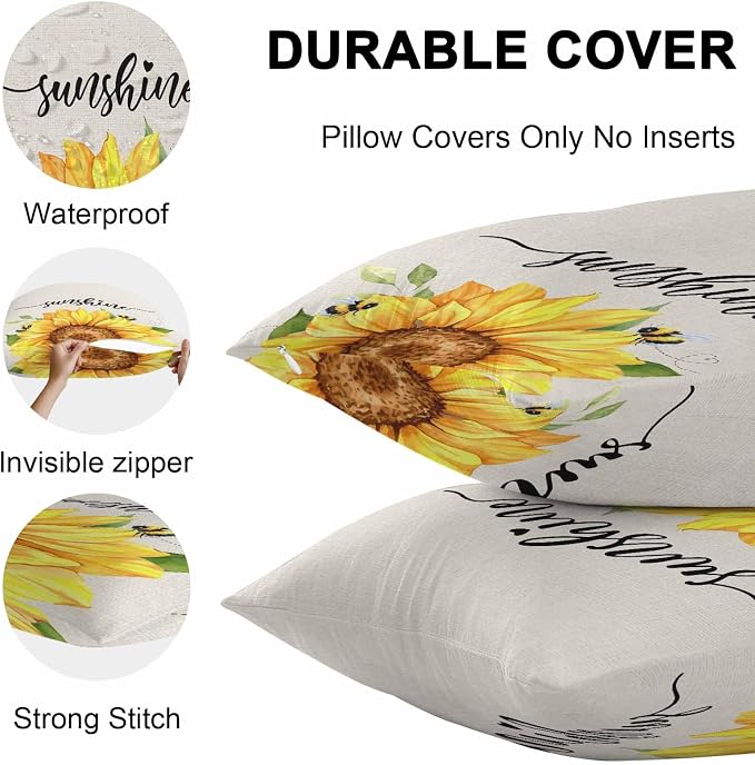 Vintage Yellow Sunflower Bee Outdoor Throw Pillow Covers Set of 2,Decorative Waterproof Pillowcase, Rustic Botanical on Linen Cushion Case for Patio Garden Couch Sofa Tent Bed 16x16 Inches