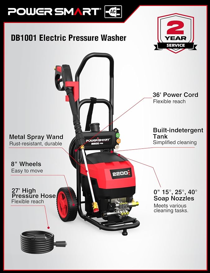 PowerSmart Electric Pressure Washer 1.2 GPM (OpenFrame), Bulid-in Soap Tank, Metal Spray Wand, for Cars, Patio, Decks, and Fences (DB1001)