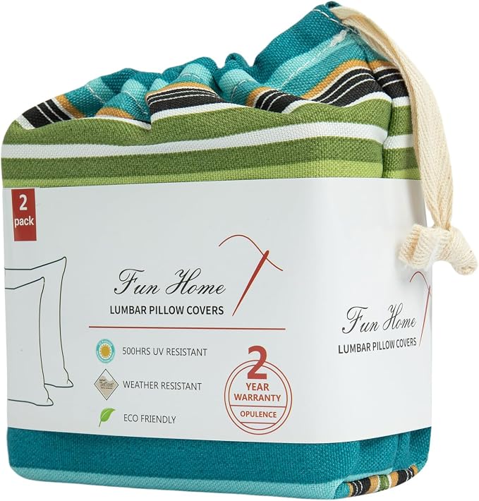 Waterproof Outdoor Lumbar Pillow Covers Set of 2,Home Decor for Garden Patio Furniture,Couch,Sofa 12"x20" Inch Decorative Pillows Cover Only,NO Insert(Green Stripe)