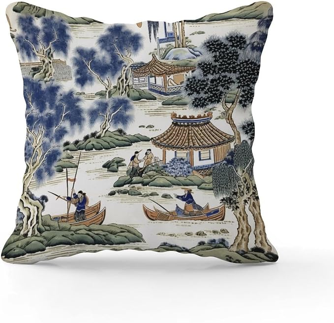 Asian Scenic Pillowcase Blue and Green Chinoiserie Cushion Cases 24x24 INFarmhouse Accent Farmhouse Decor Pillow for Couch Sofa Patio