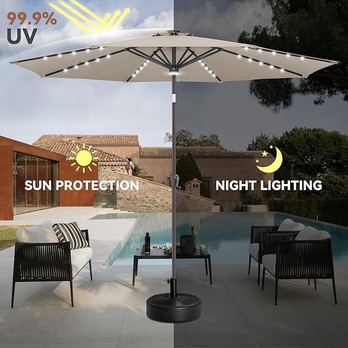 10FT Solar Umbrella Outdoor - Lighted Solar Patio Umbrella with 40 LED Lights Waterproof UV Protection, Table Umbrella with Tilt for Pool, Porch, Garden, Deck, Backyard (Taupe)