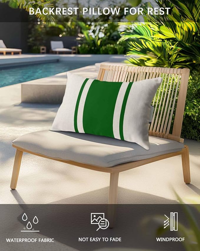 Outdoor Lumbar Pillows with Strap & Insert Green Stripe Lines Recliner Head Pillow Pack of 2 Linen Striped Waterproof Headrest Patio Lounge Chair Pillows for Beach Pool Office Chaise Chair 11x16 Inch