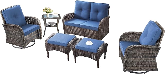 6 Pieces Patio Wicker Furniture Set-Outdoor Swivel Chairs Set of 2 Outdoor Glider Love seat with Outdoor Footstool Patio Furniture for Deck Porch Garden Balcony Poolside-Brown/Blue