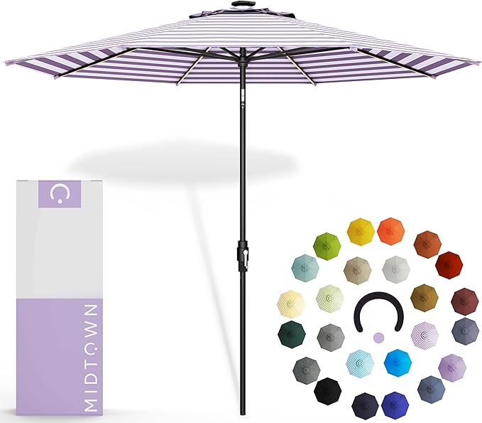 Midtown Umbrellas The LED Swilt 8 Feet Patio Umbrella With Terylast Midtown Stripes Purple/White Polyester Fabric - Auto-Tilt Aluminum Frame w/LED Lights For Backyard, Deck, Garden, Pool - Black Pole