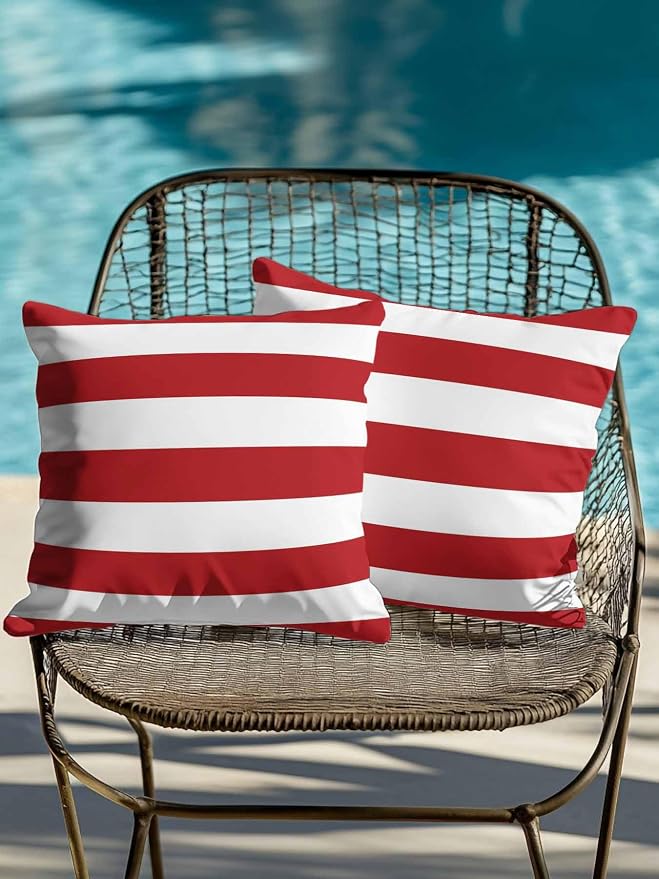 Waterproof Outdoor Pillow Set of 2 Red White Stripe Decorative Throw Pillows Cover & Insert 18x18 Inch Pillowcase Simple Style Striped Square Pillows for Couch Sofa Bed Patio Furniture Indoor Outdoor