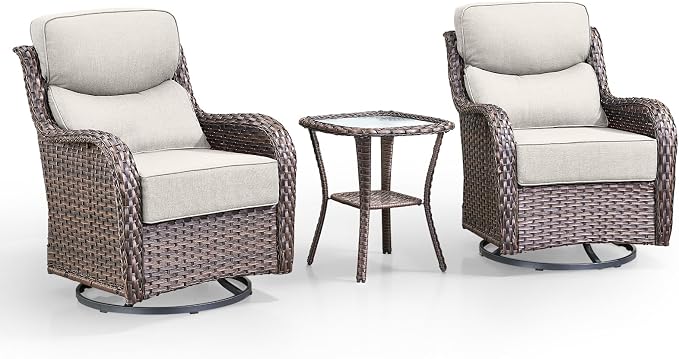 Swivel Patio Chairs Set of 3 with 6" Thick Cushion - Wicker Outdoor Swivel Rocker Patio Chairs with Side Table, High Back Comfortable Outdoor Glider Chair - Brown Wicker | Beige Cushions