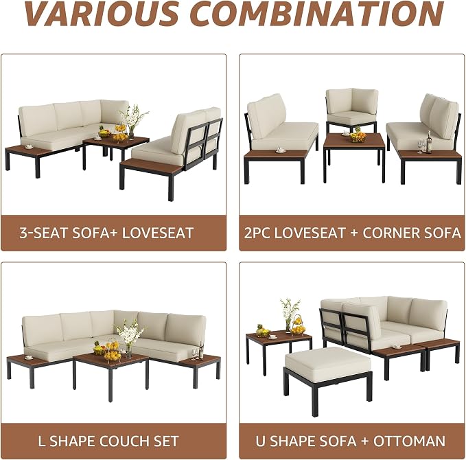 NATURAL EXPRESSIONS Outdoor Furniture Set, L Shape Patio Sectional, Metal Corner Couch Sofa Set with Side Tables, Detachable Backrest, Fauxwood Coffee Table, Beige Olefin Cushions for Garden Deck