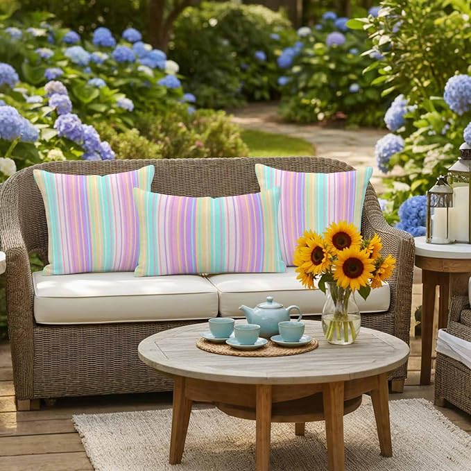 Pink Aqua Stripes Outdoor Pillow Covers 18x18 Inch Throw Pillow Covers Set of 2 Waterproof Decorative Pillow Cases Geometric Yellow Geometric Cushion Covers for Patio Furniture Garden Couch Sofa