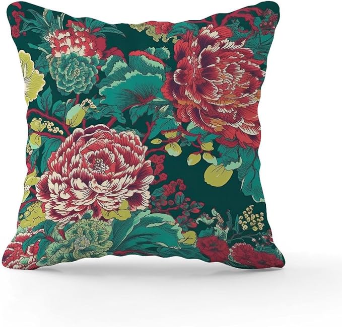 Chinoiserie Red Peony Floral Cushion Cases Green and Pink Cushion Cover 26x26 INAbstract Accent Square Couch Sofa Cushion Covers for Patio Couch Bench