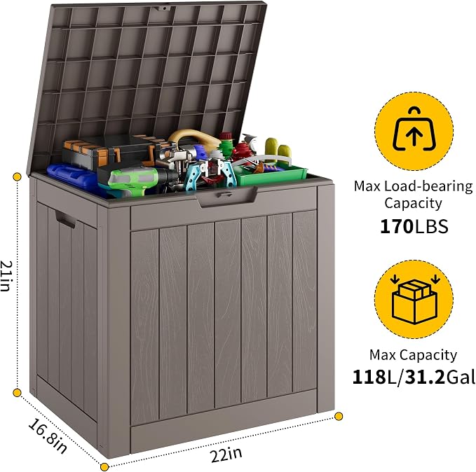 Outdoor Storage Box, 31 Gallon Resin Deck Boxes Outdoor Waterproof For Patio Furniture, Garden Tools, Pool Supplies, Lockable And UV Resistant (Striped Gray)