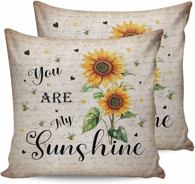 Sunflower Outdoor Waterproof Throw Pillow Covers 18"x18" Set of 2, Sunflower Bee Old Newspaper Background Decorative Garden Pillowcase with Zipper Retro Farmhouse Cushion Case for Patio Couch Tent