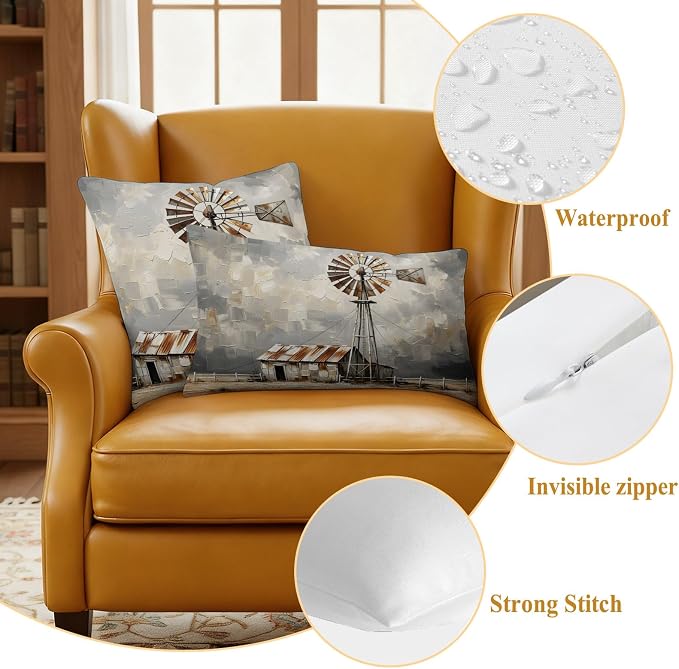 Gray Rustic Windmill Outdoor Pillow Covers 26"x26" Set of 2, Farmhouse Country Barn Oil Painting Waterproof Throw Pillow Covers for Patio Furniture, Decorative Cushion Covers for Porch