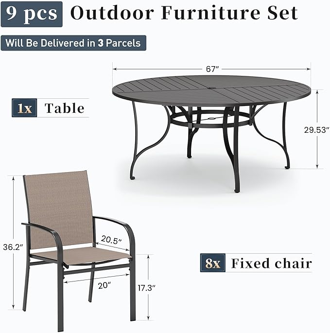 SUNSHINE VALLEY Patio Dining Set for 8, 67" Round Metal Table with Umbrella Hole, 8 x Stable Brown Dining Chairs, Outdoor Table and Chairs Set for Lawn Backyard and Deck