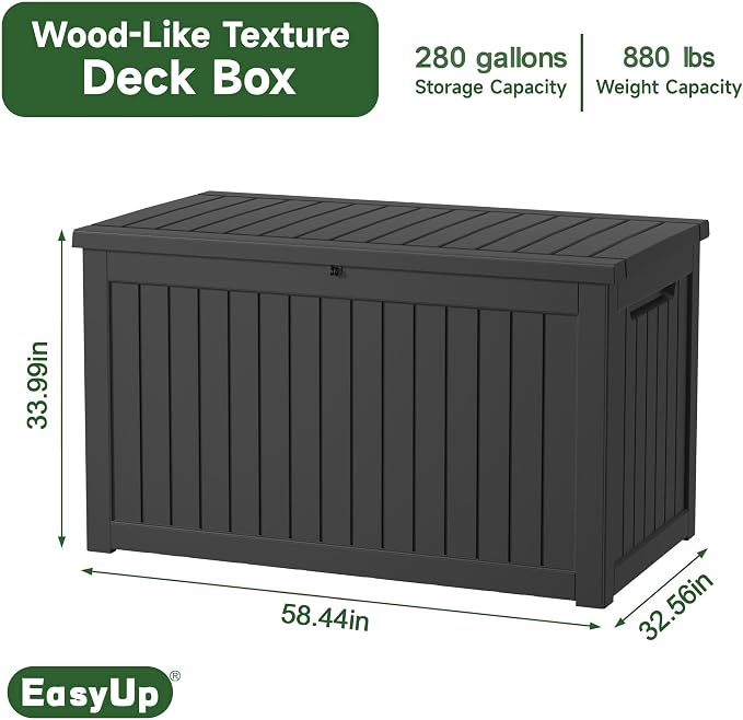EasyUp 280 Gallon Outdoor Storage Box Waterproof, UV Resistant Resin Deck Box with Hydraulic Rod, Reinforced Stability for Patio, Garden,Striped Black