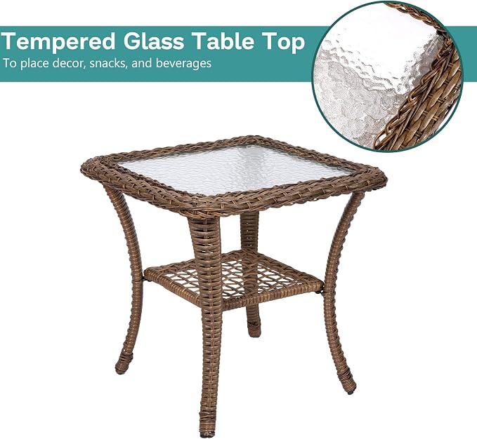 MEETWARM 3 Pieces Outdoor Patio Wicker Rocking Glider Set, Rocking Chairs Rattan Patio Furniture Sets with Thickened Cushion and Glass-Top Coffee Table, Conversation Bistro Set for Porch & Backyard