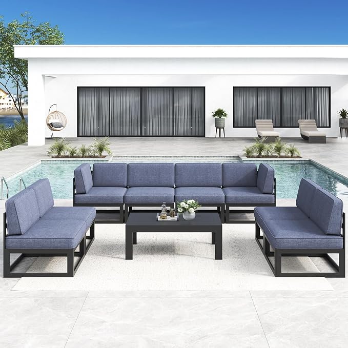 LayinSun Large Aluminum Patio Furniture Set, 9 Pieces Modern Outdoor Conversation Set Sectional Metal Sofa Set with Olefin Cushion