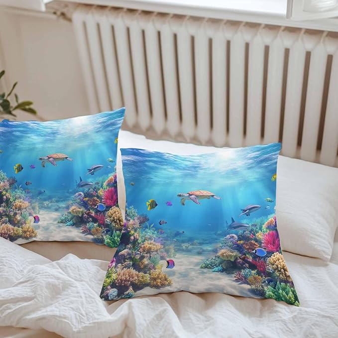 Ocean Turtle Waterproof Outdoor Pillow Covers Set of 2 Home Decor, Blue Beach Summer Dolphin Whale Coral Fish Pillowcase Patio Pillow Covers for Couch Bench Furniture Garden 24x24in