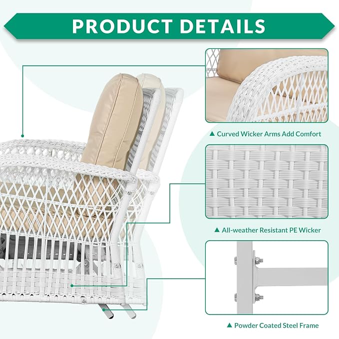 VIVIJASON 2-Piece Outdoor White Wicker Glider Rocking Chair, Patio Rattan Swing Glider Chairs with Cushions & Steel Frame, All-Weather Gliding Lawn Wicker Furniture for Garden Backyard Porch, Beige