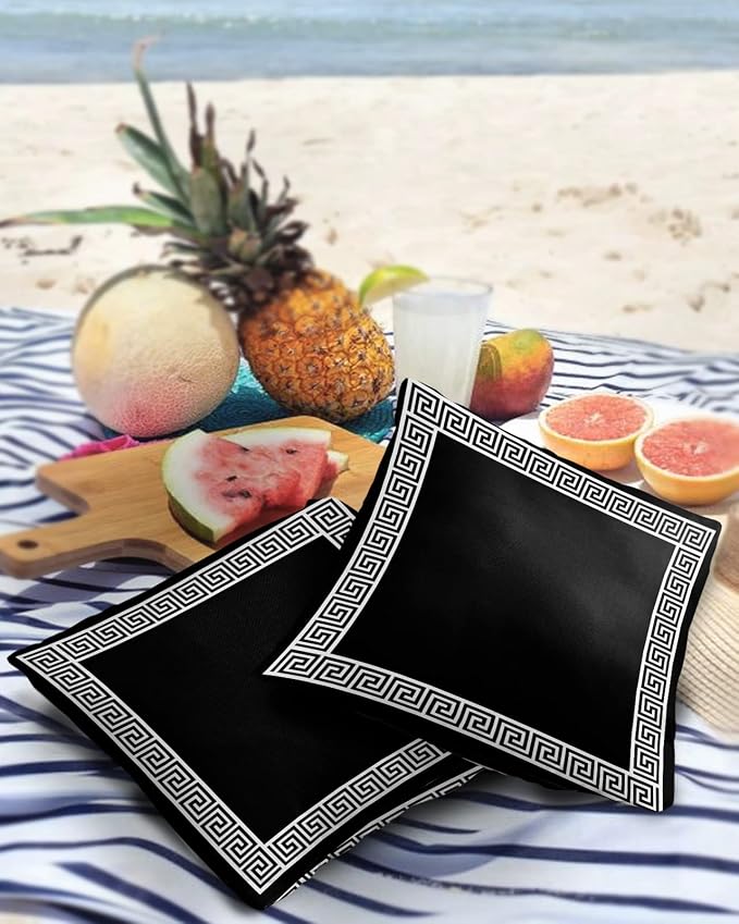 Funy Decor Waterproof Outdoor Throw Pillow Cover Geometric Greek Key Design Lumbar Pillowcases Set of 2 Black Decorative Patio Furniture Pillows for Couch Garden 16x16 inch