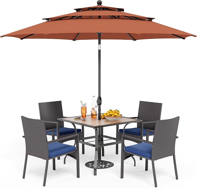 PHI VILLA 5pc Patio Dining Set with Umbrella, Square Table, Rattan Chairs | Includes 37" square metal table, 4 cushioned rattan chairs, and 10ft red umbrella. Perfect for patio, deck, yard, or porch