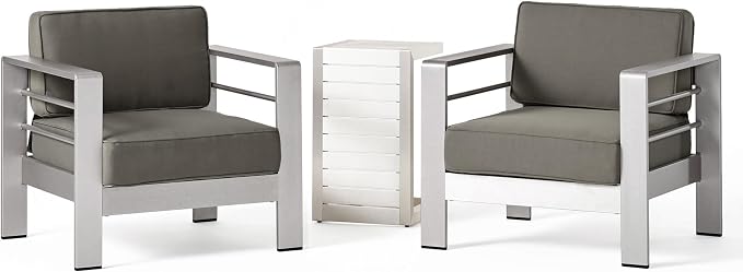 Christopher Knight Home Cape Coral Outdoor Aluminum Club Chairs with Side Table, Khaki / Silver