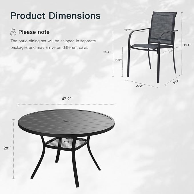 VICLLAX 7 Pieces Patio Outdoor Dining Set, 47.2" Round Metal Table with Umbrella Hole and 6 Stackable Textilene Chairs for Pergola, Lawn, Garden, Porch, Grey Chair