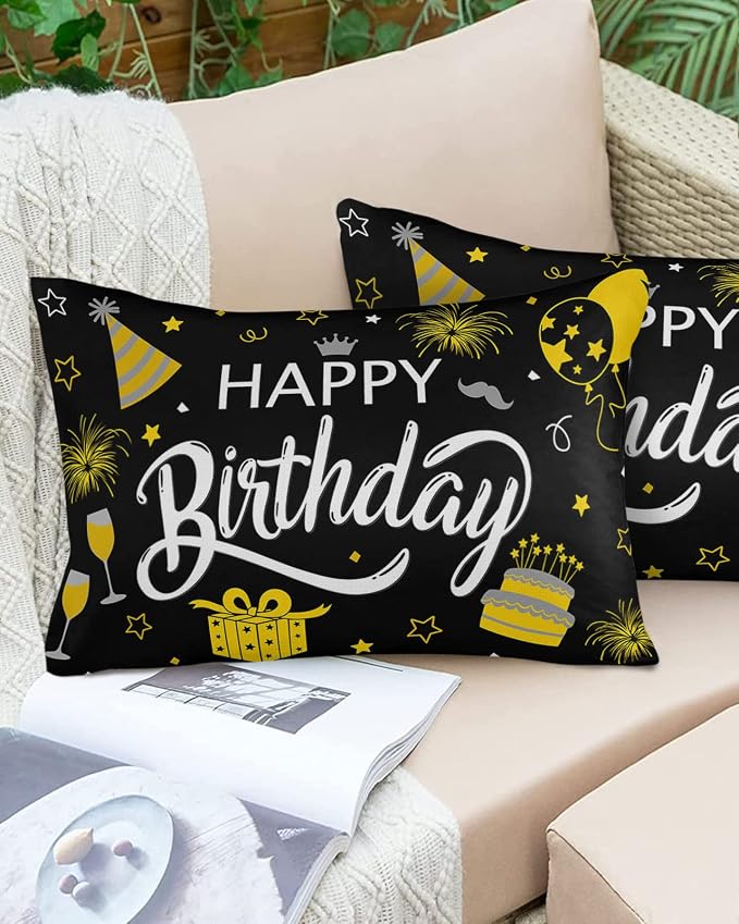 Prime Leader Outdoor Waterproof Pillow Covers Set of 2, Happy Birthday Cake Firwoks Black Patio Throw Pillow Covers, Decorative Cushion Case for Couch Sofa Furniture Garden, 20x12 Inch