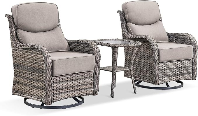 HUMMUH Outdoor Patio Wicker Swivel Rocker Chairs with 6-Inch Thick Cushion High Back 3 PCS Wicker Conversation Set for Porch Balcony Deck