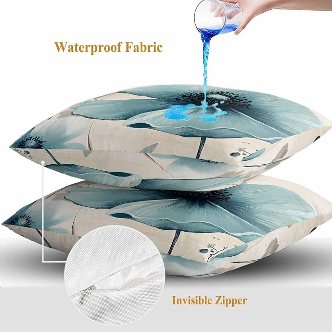Blue Flowers Butterfly Outdoor Waterproof Throw Pillow Covers Set of 2, 26"x26", Watercolor Retro Leaf Pastoral Style Decorative Pillow Covers Outside Cushion Case for Patio Porch Garden
