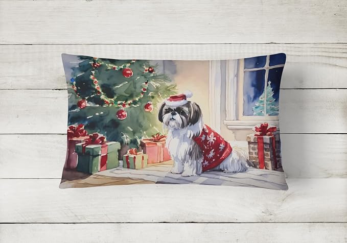 Caroline's Treasures DAC2752PW1216 Shih Tzu Cozy Christmas Throw Pillow Machine Washable, Indoor Outdoor Decorative Pillow for Couch, Bed or Patio, 12HX16W